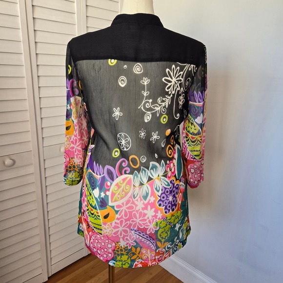 Soft Surroundings Black Sheer Floral Boho Tunic Blouse Sz L Colorful Artsy Chic - Picture 6 of 9